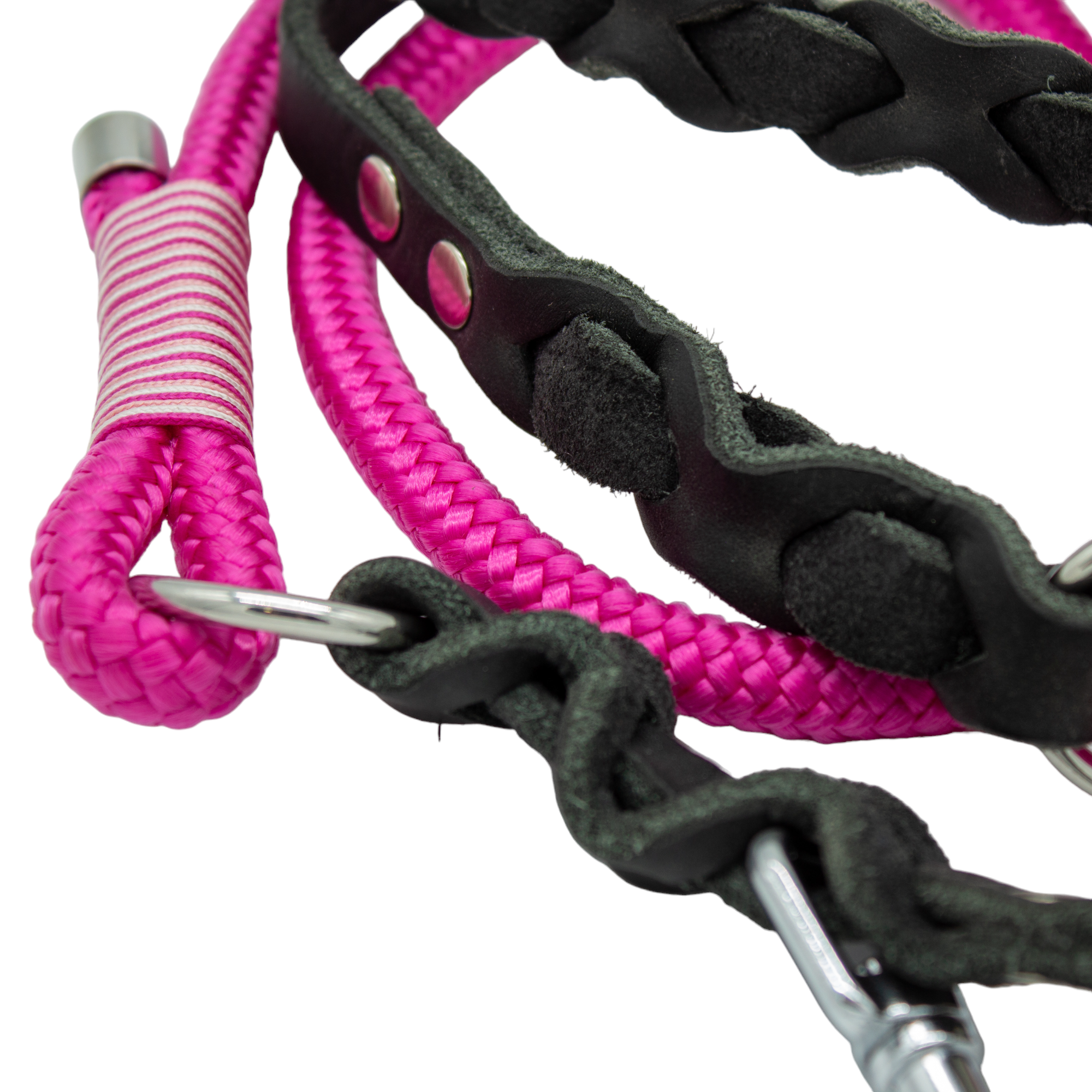 Führleine aus Tau und Fettleder - Fuchsia / Schwarz - 2,1 m