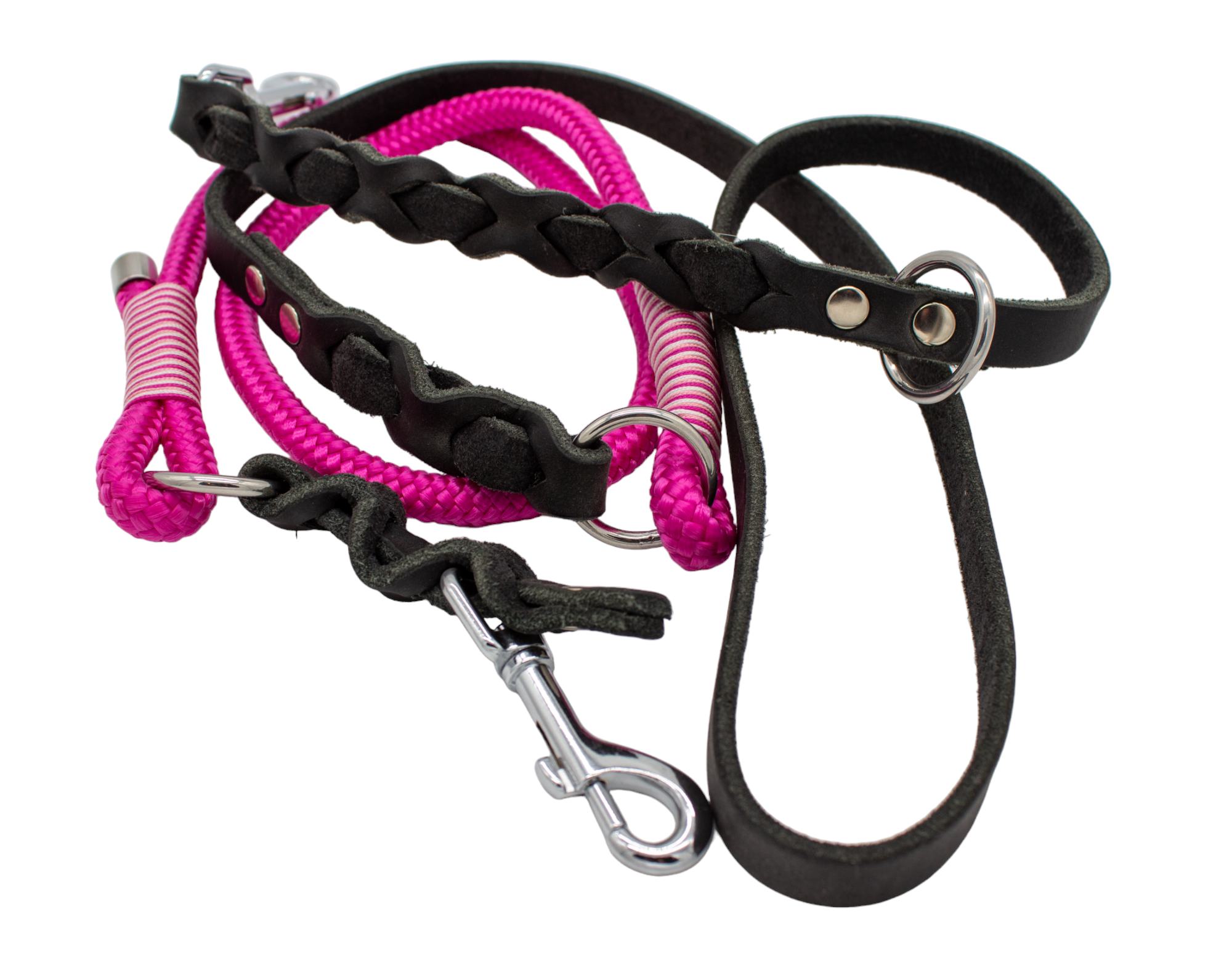 Führleine aus Tau und Fettleder - Fuchsia / Schwarz - 2,1 m